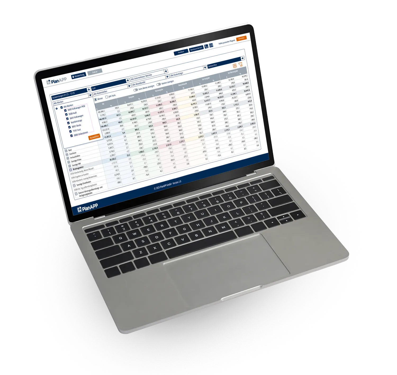 PlanApp-Anwendung mit Kennzahlenanalyse auf einem Laptop