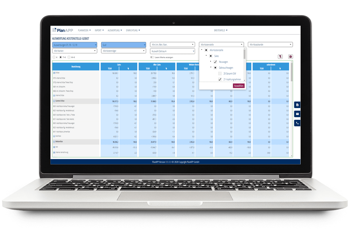 Laptop mit geöffneter PlanApp Analyse zum Thema Auswertung Kostenstelle-Gebiet